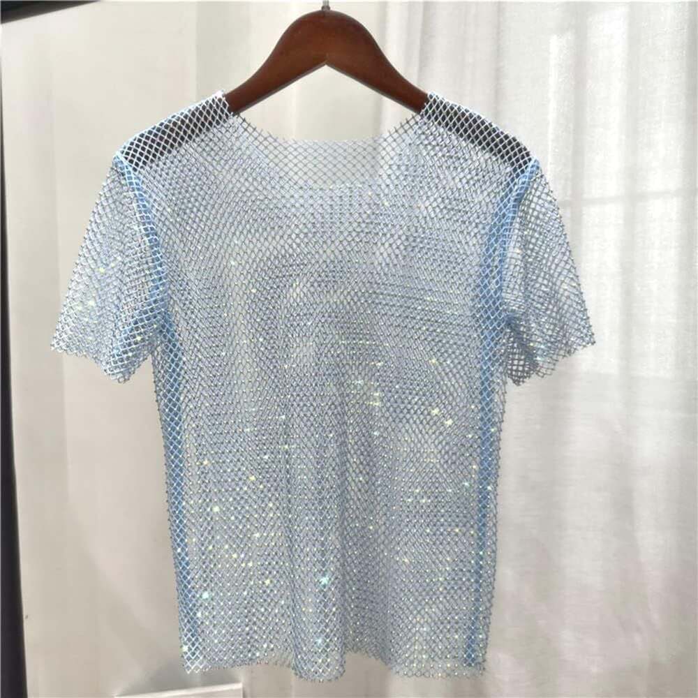 New In Rhinestone Embellished Mesh Short Sleeve Top
